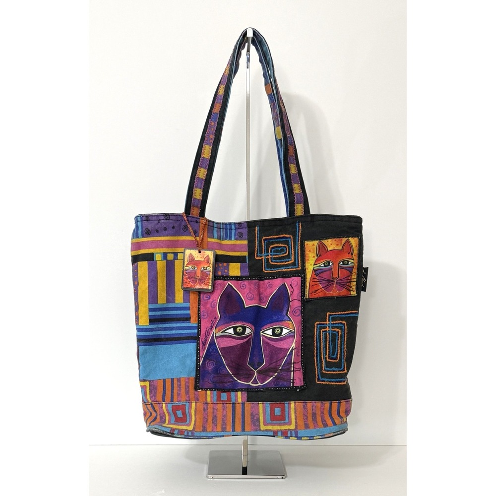 Laurel Burch Whiskered Cats Shoulder Bag Tote Canvas Handbag 16" x 14" x 5"